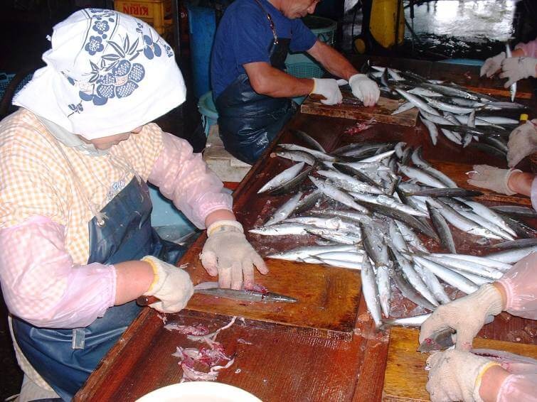 魚をさばく作業中の市場風景